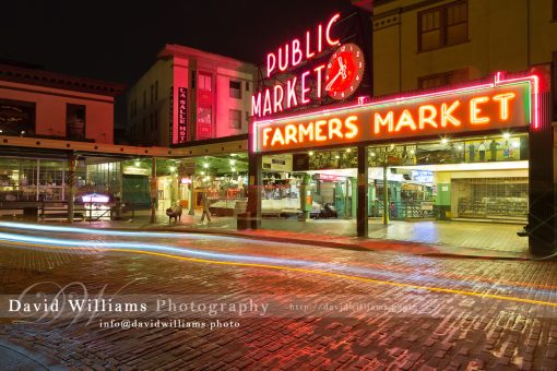 Photo, Photography, Image, Landscape, Print, Canvas, Metal, Seattle, Pike Place Market, Night, Cityscape, Light Trails, Farmers Markert