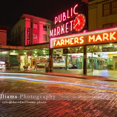 Photo, Photography, Image, Landscape, Print, Canvas, Metal, Seattle, Pike Place Market, Night, Cityscape, Light Trails, Farmers Markert
